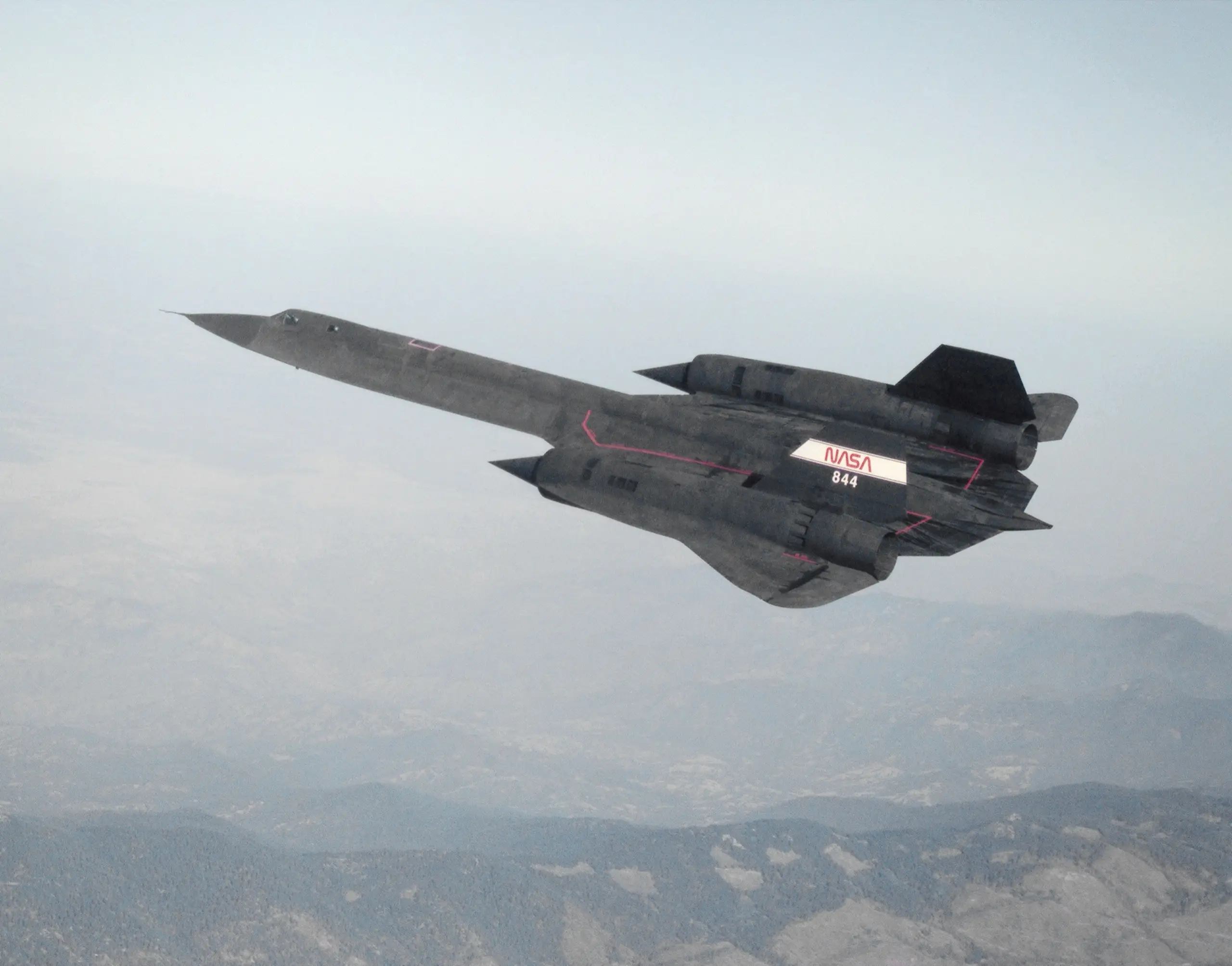 NASA's SR-71A, tail number 844, in flight over the Tehachapi Mountains